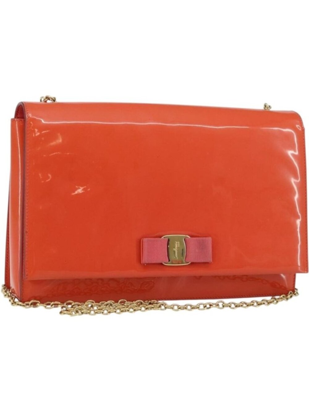 Salvatore Ferragamo Chain Vala Shoulder Bag Enamel Orange Gold